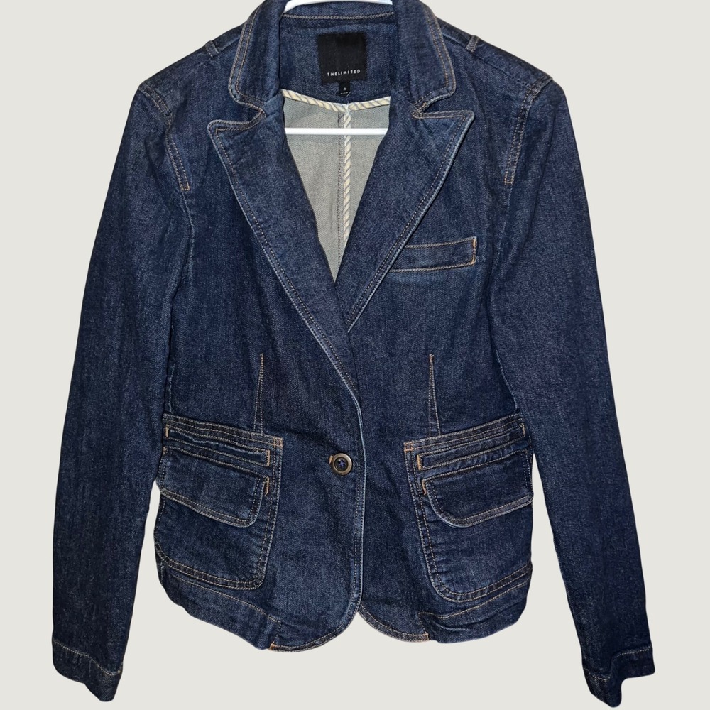The Limited Womens Dark Wash Denim Blazer Single Button Jacket Blue‎ EUC Classic